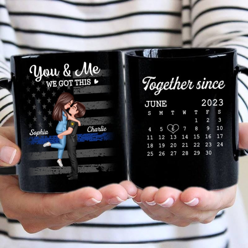 You & Me We Got This Hero Couple Hugging Kissing Anniversary Calendar Keepsake Personalized Mug