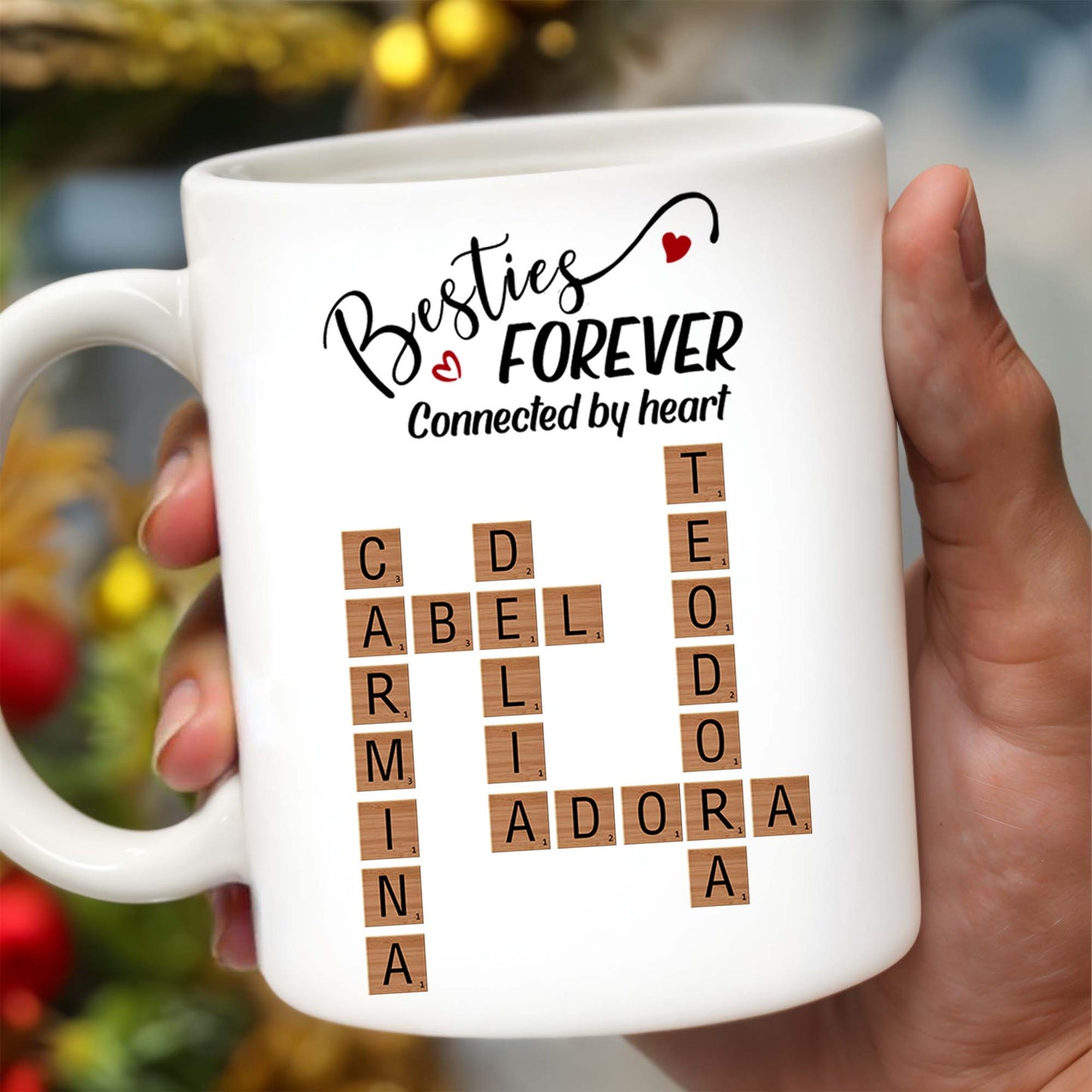 Besties Forever Connected By Heart Mug With Heart And Scrabble Tiles - Personalized Custom Coffee Mug - BST127_MG