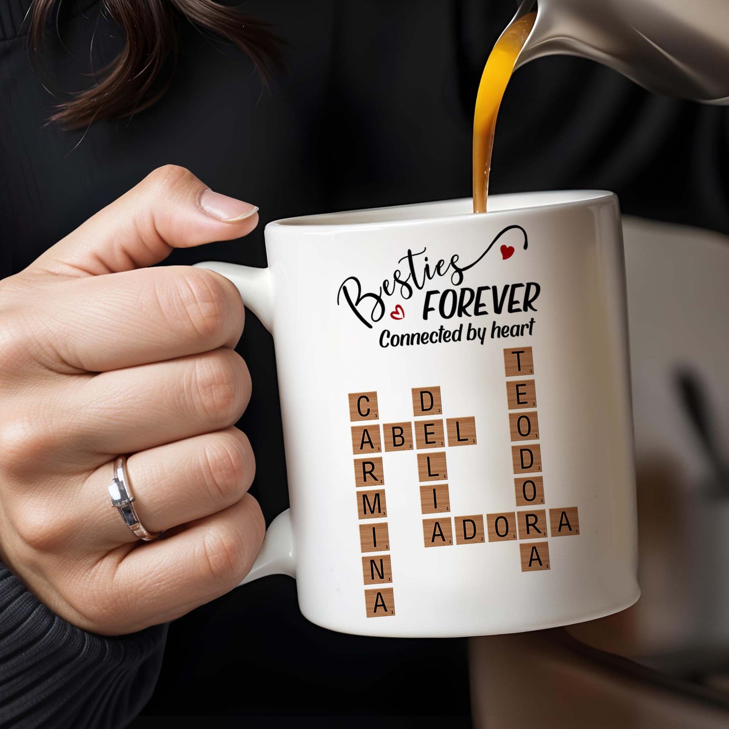 Besties Forever Connected By Heart Mug With Heart And Scrabble Tiles - Personalized Custom Coffee Mug - BST127_MG