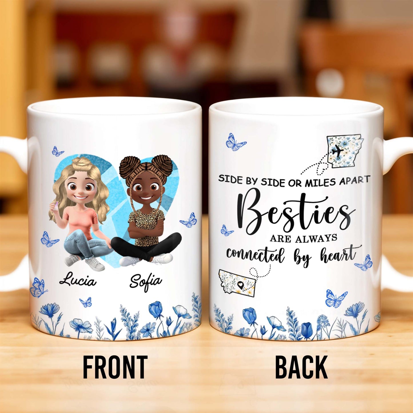 Side By Side Or Miles Apart, Besties Are Always Connected By Heart, Butterflies and Flowers - Personalized Custom Coffee Mug - BST168_MG