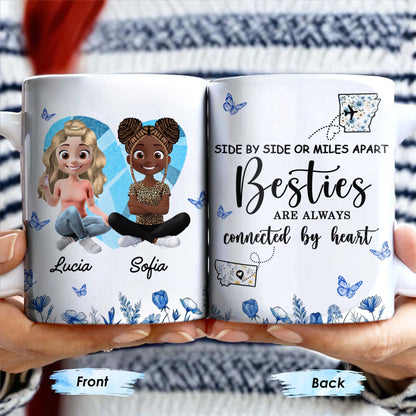 Side By Side Or Miles Apart, Besties Are Always Connected By Heart, Butterflies and Flowers - Personalized Custom Coffee Mug - BST168_MG