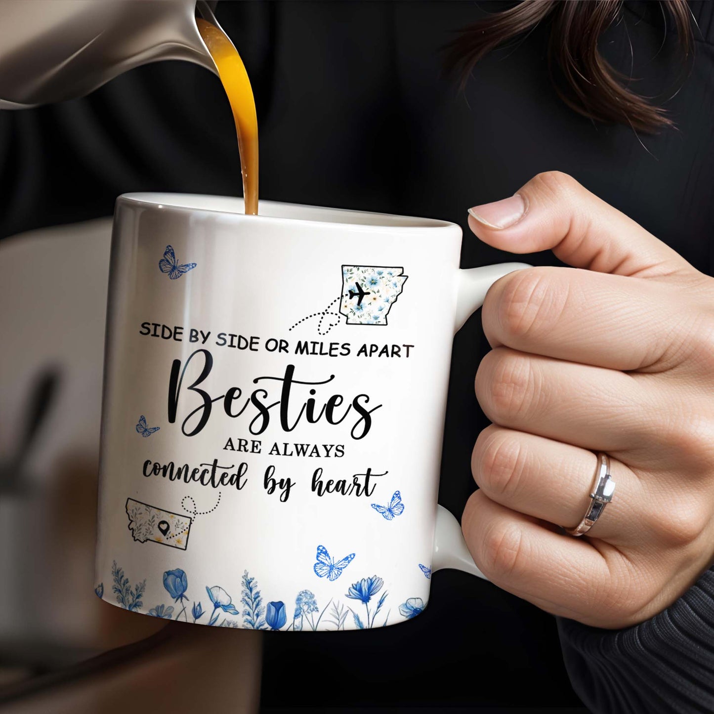 Side By Side Or Miles Apart, Besties Are Always Connected By Heart, Butterflies and Flowers - Personalized Custom Coffee Mug - BST168_MG