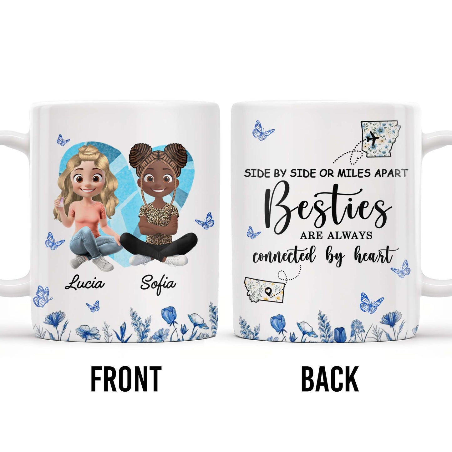 Side By Side Or Miles Apart, Besties Are Always Connected By Heart, Butterflies and Flowers - Personalized Custom Coffee Mug - BST168_MG