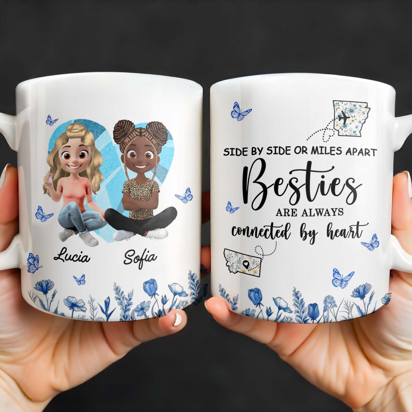 Side By Side Or Miles Apart, Besties Are Always Connected By Heart, Butterflies and Flowers - Personalized Custom Coffee Mug - BST168_MG