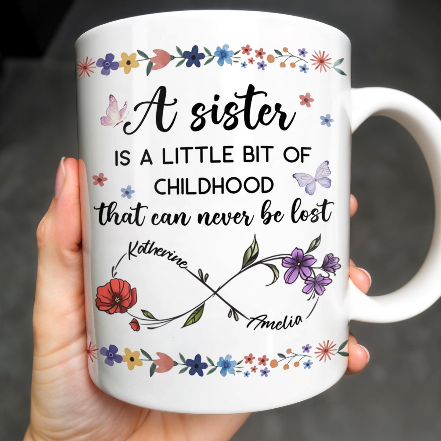 A Sister Is A Little Bit Of Childhood With Flowers And Butterfly - Personalized Custom Coffee Mug - BST436_MG