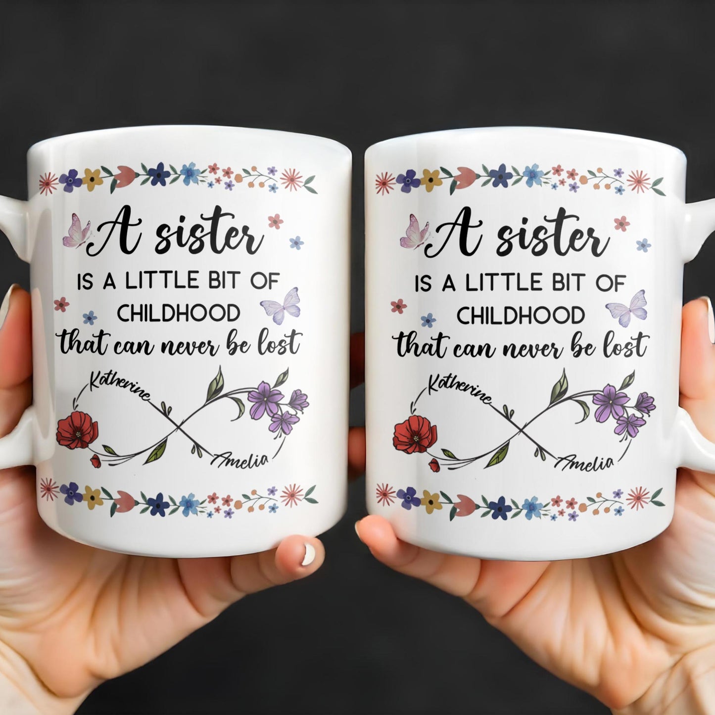 A Sister Is A Little Bit Of Childhood With Flowers And Butterfly - Personalized Custom Coffee Mug - BST436_MG