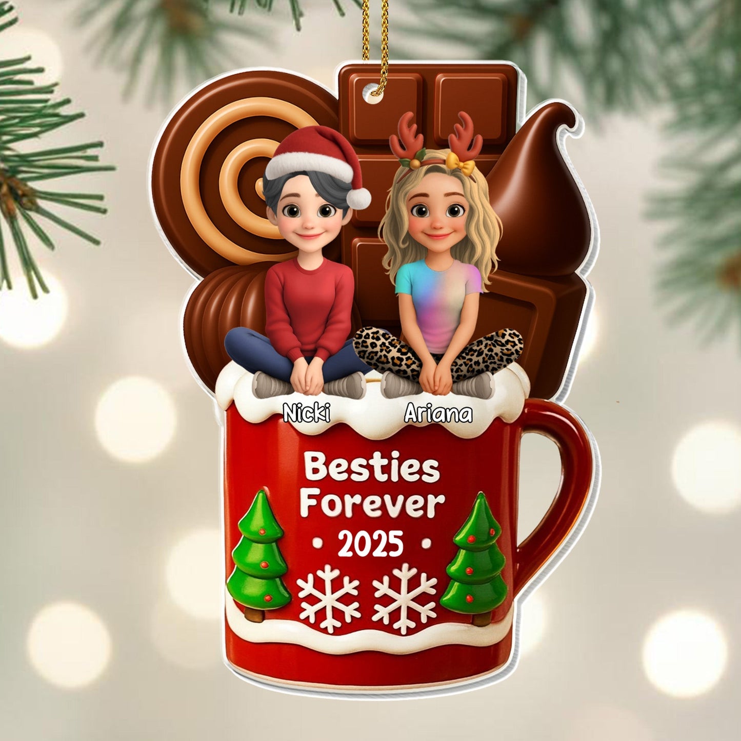 Besties Forever Christmas Mug With Trees And Snowflakes - Personalized Custom Acrylic Ornament, Christmas Gift - BST442_ACO