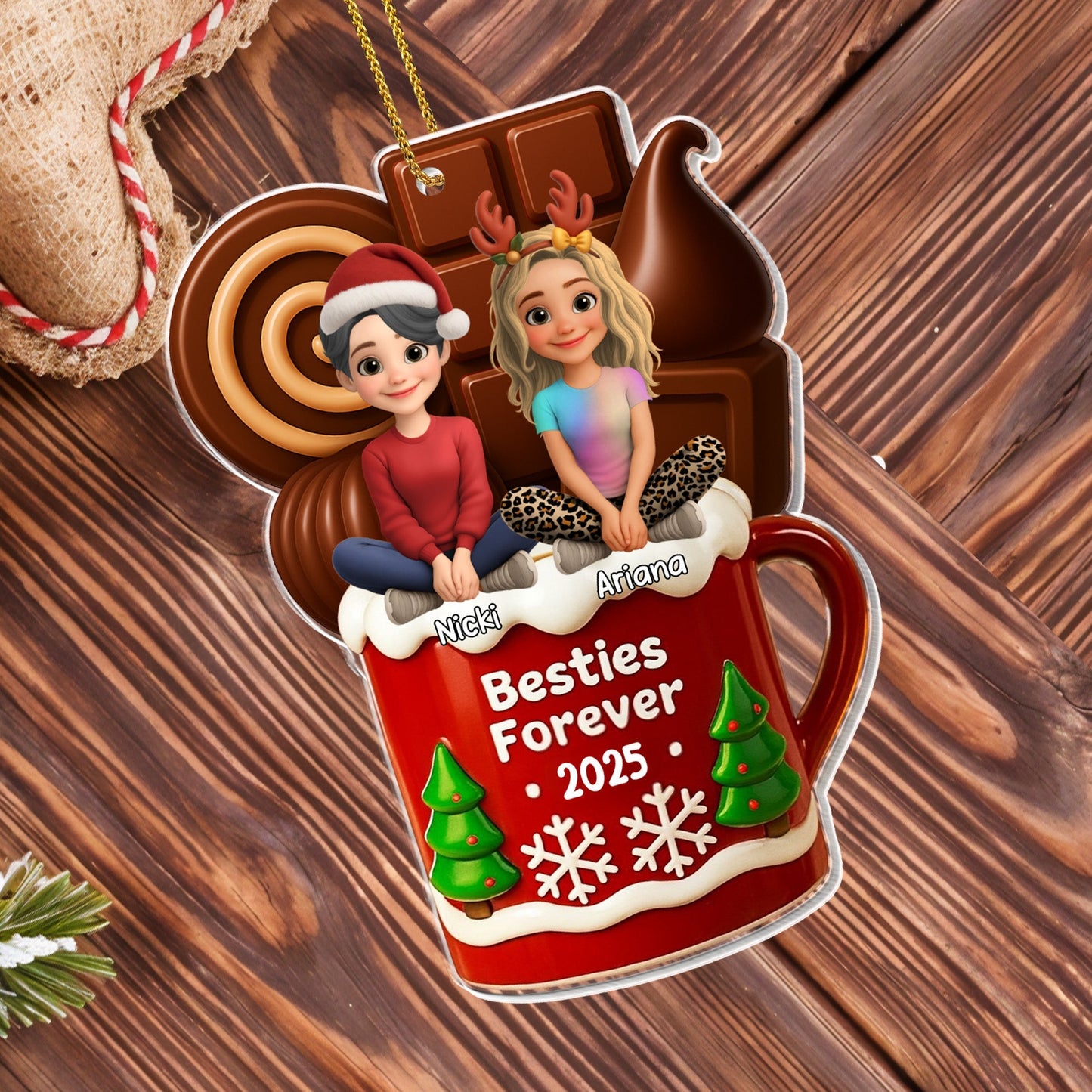 Besties Forever Christmas Mug With Trees And Snowflakes - Personalized Custom Acrylic Ornament, Christmas Gift - BST442_ACO