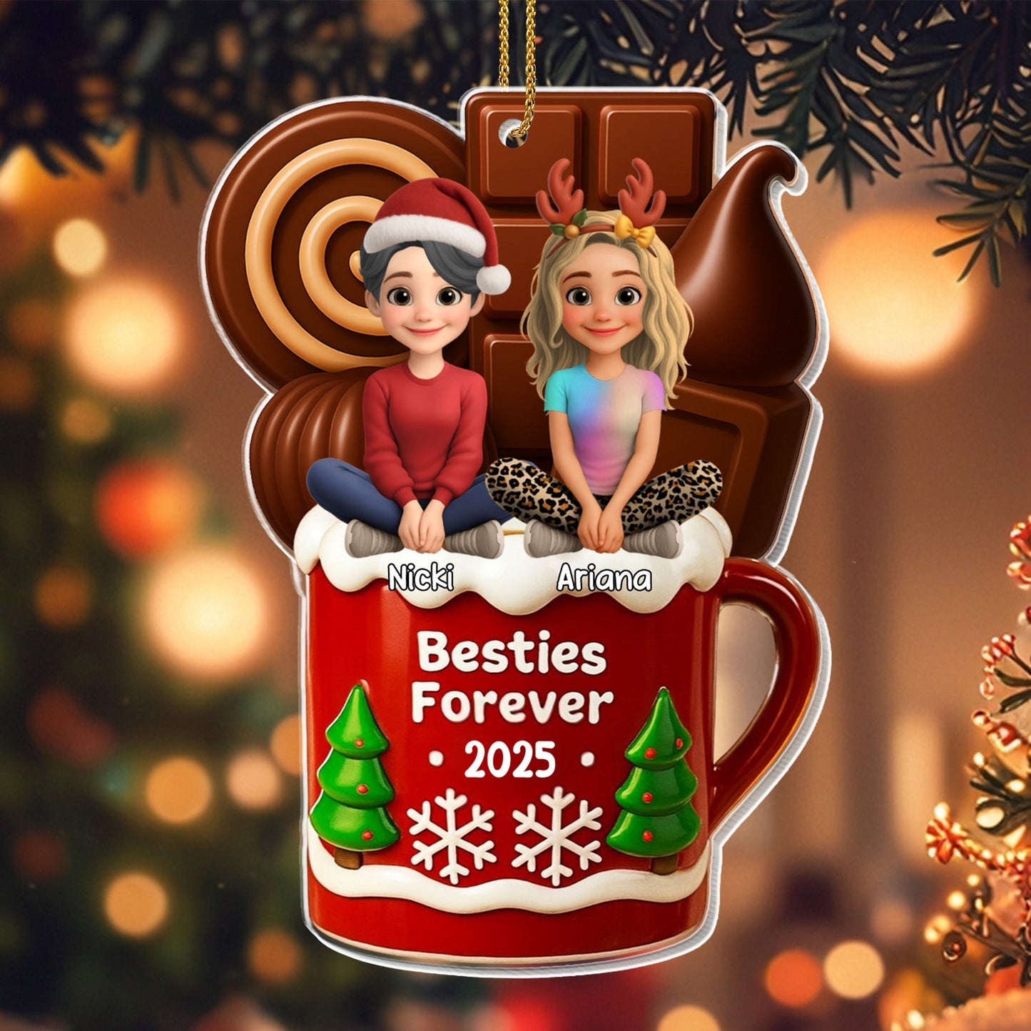 Besties Forever Christmas Mug With Trees And Snowflakes - Personalized Custom Acrylic Ornament, Christmas Gift - BST442_ACO