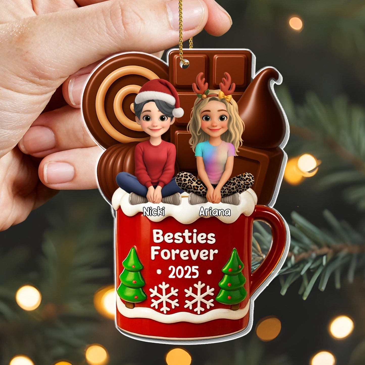Besties Forever Christmas Mug With Trees And Snowflakes - Personalized Custom Acrylic Ornament, Christmas Gift - BST442_ACO