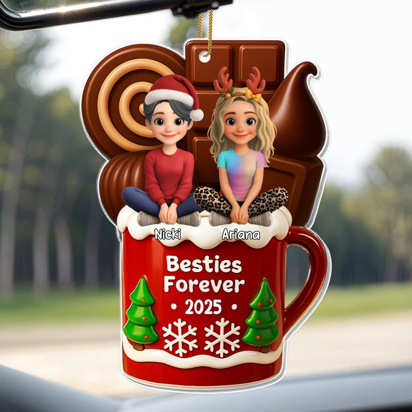 Besties Forever Christmas Mug With Trees And Snowflakes - Personalized Custom Acrylic Ornament, Christmas Gift - BST442_ACO