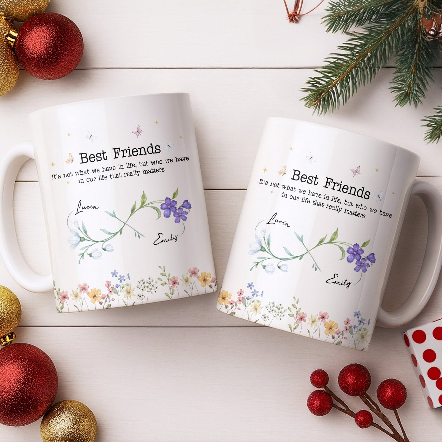 Best Friends, Lifes True Treasures, Flowers And Butterflies - Personalized Custom Coffee Mug - BST515_MG