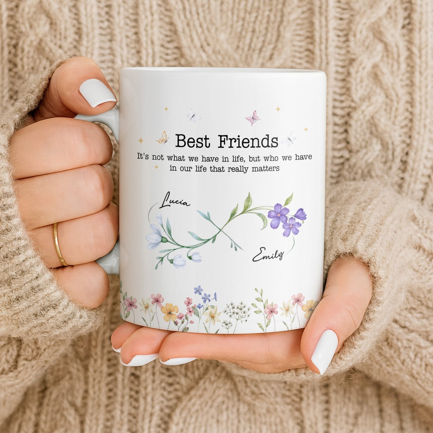 Best Friends, Lifes True Treasures, Flowers And Butterflies - Personalized Custom Coffee Mug - BST515_MG