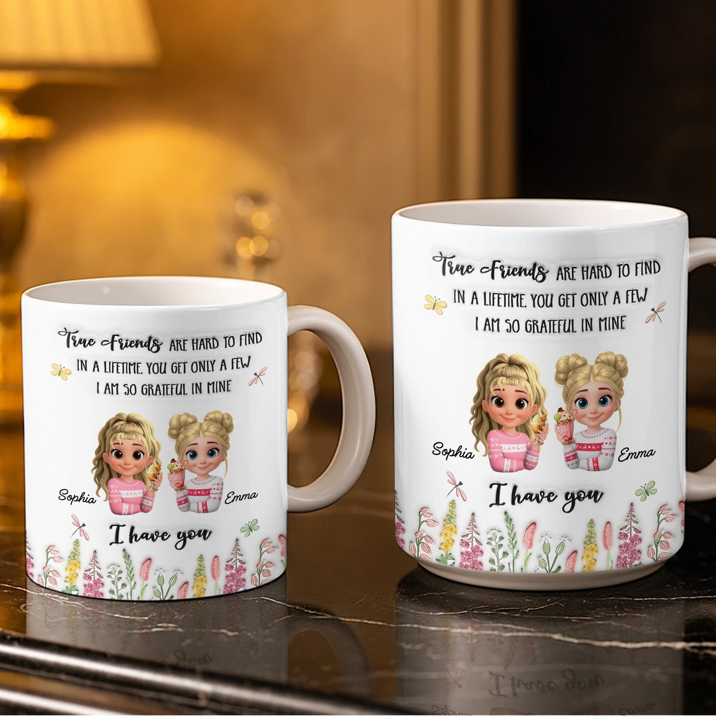 True Friends Are Hard To Find, Cartoon Characters And Flowers - Personalized Custom Coffee Mug - BST516_MG