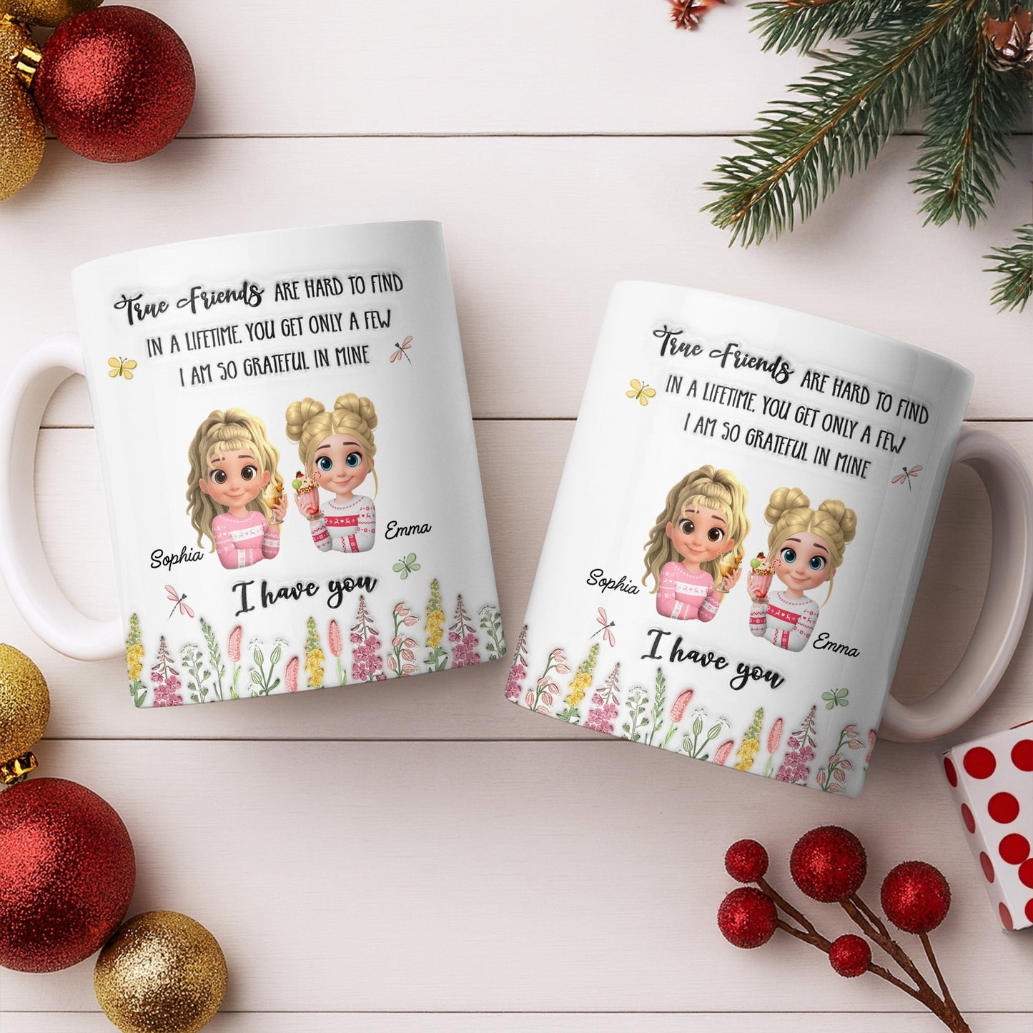 True Friends Are Hard To Find, Cartoon Characters And Flowers - Personalized Custom Coffee Mug - BST516_MG