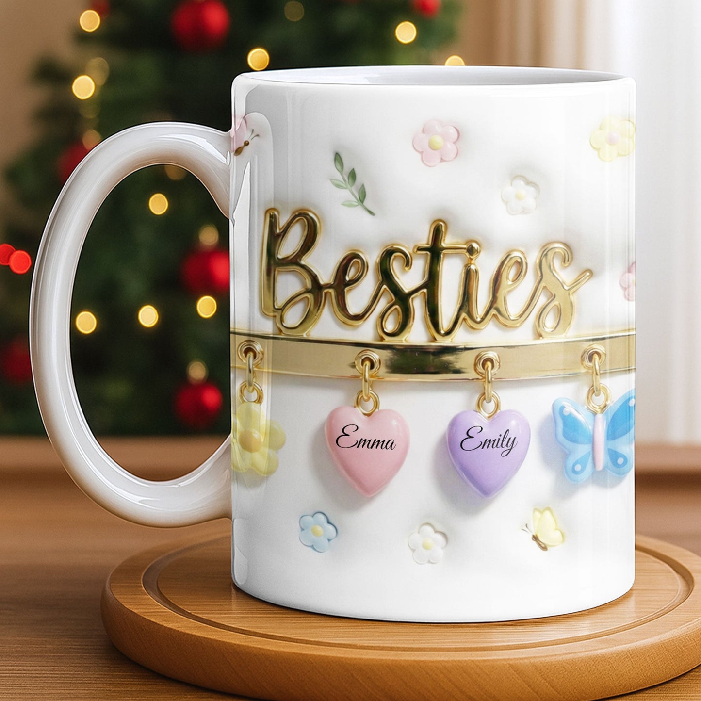 Besties with Flowers, Butterflies, and Hearts - Personalized Custom Coffee Mug - BST524_MG