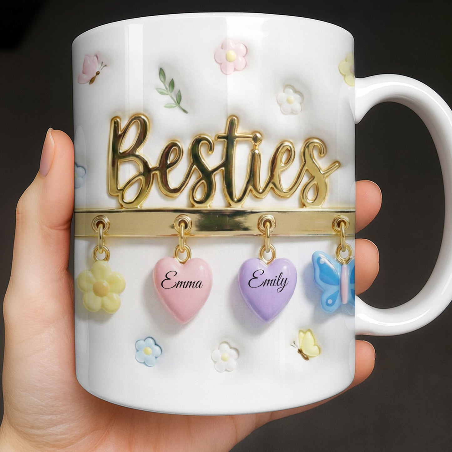 Besties with Flowers, Butterflies, and Hearts - Personalized Custom Coffee Mug - BST524_MG