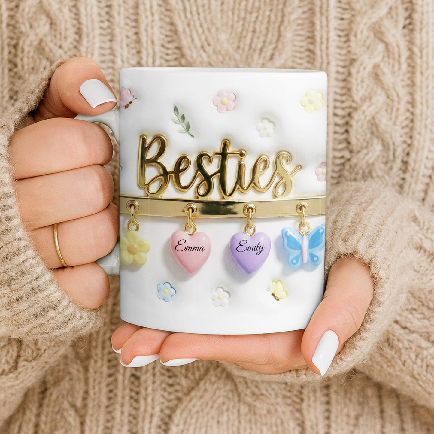 Besties with Flowers, Butterflies, and Hearts - Personalized Custom Coffee Mug - BST524_MG