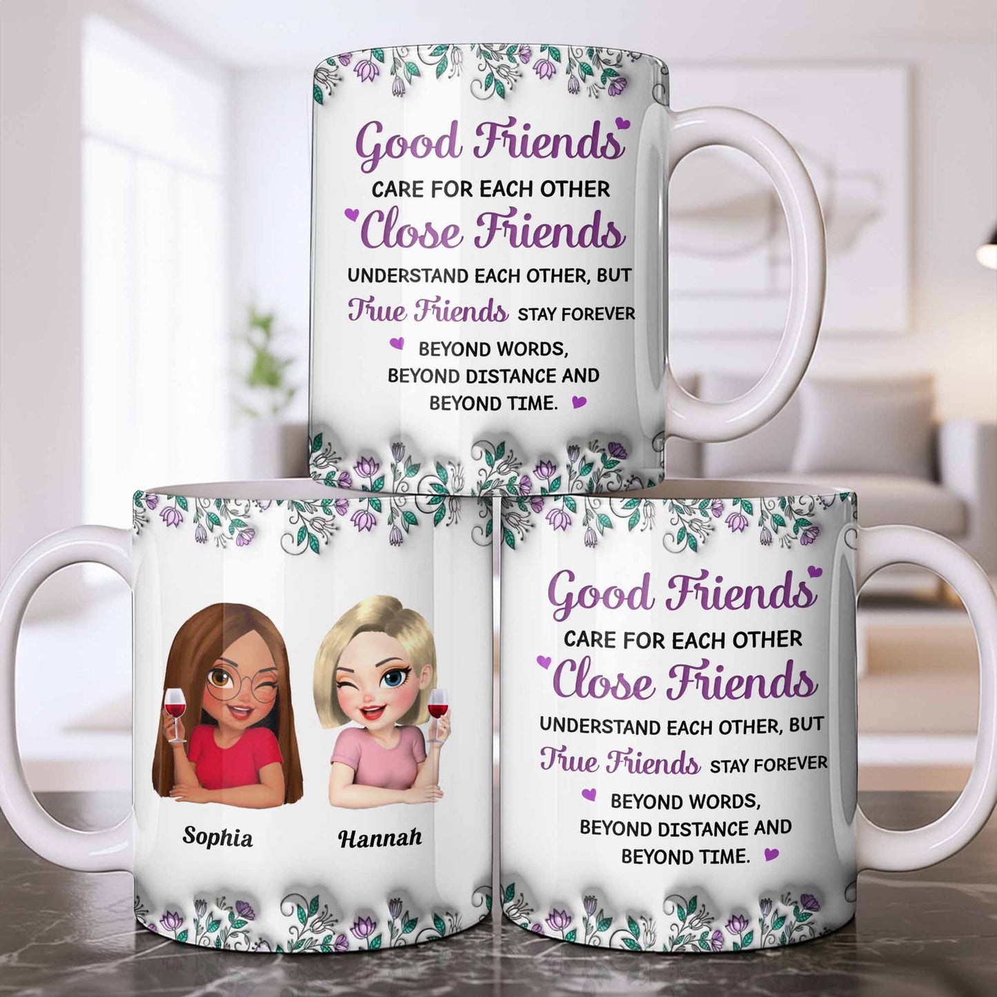 Celebrate Friendship With Personalized Coffee Mug Featuring Stylish Flowers - Personalized Custom Coffee Mug - BST525_MG