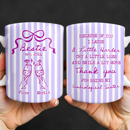 Thank You For Being My Unbiological Sister With Stripes And Wine Glasses - Personalized Custom Coffee Mug - BST535_MG