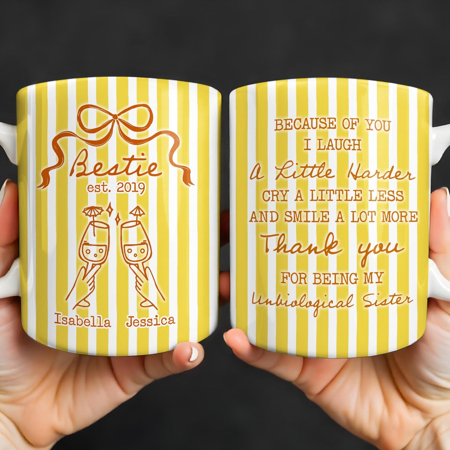 Thank You For Being My Unbiological Sister With Stripes And Wine Glasses - Personalized Custom Coffee Mug - BST535_MG