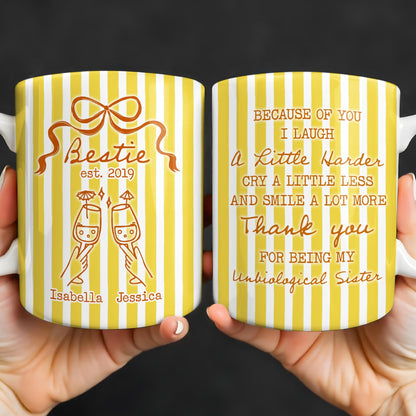 Thank You For Being My Unbiological Sister With Stripes And Wine Glasses - Personalized Custom Coffee Mug - BST535_MG