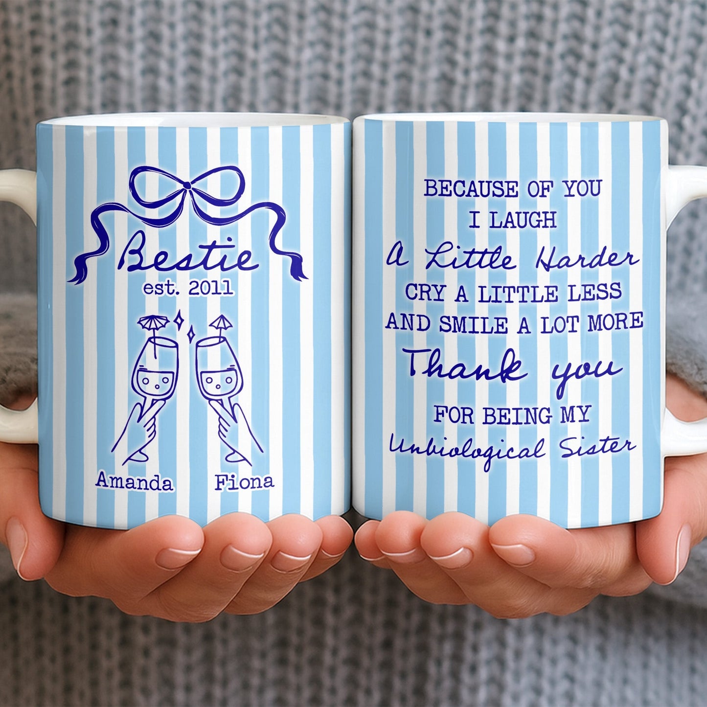 Thank You For Being My Unbiological Sister With Stripes And Wine Glasses - Personalized Custom Coffee Mug - BST535_MG