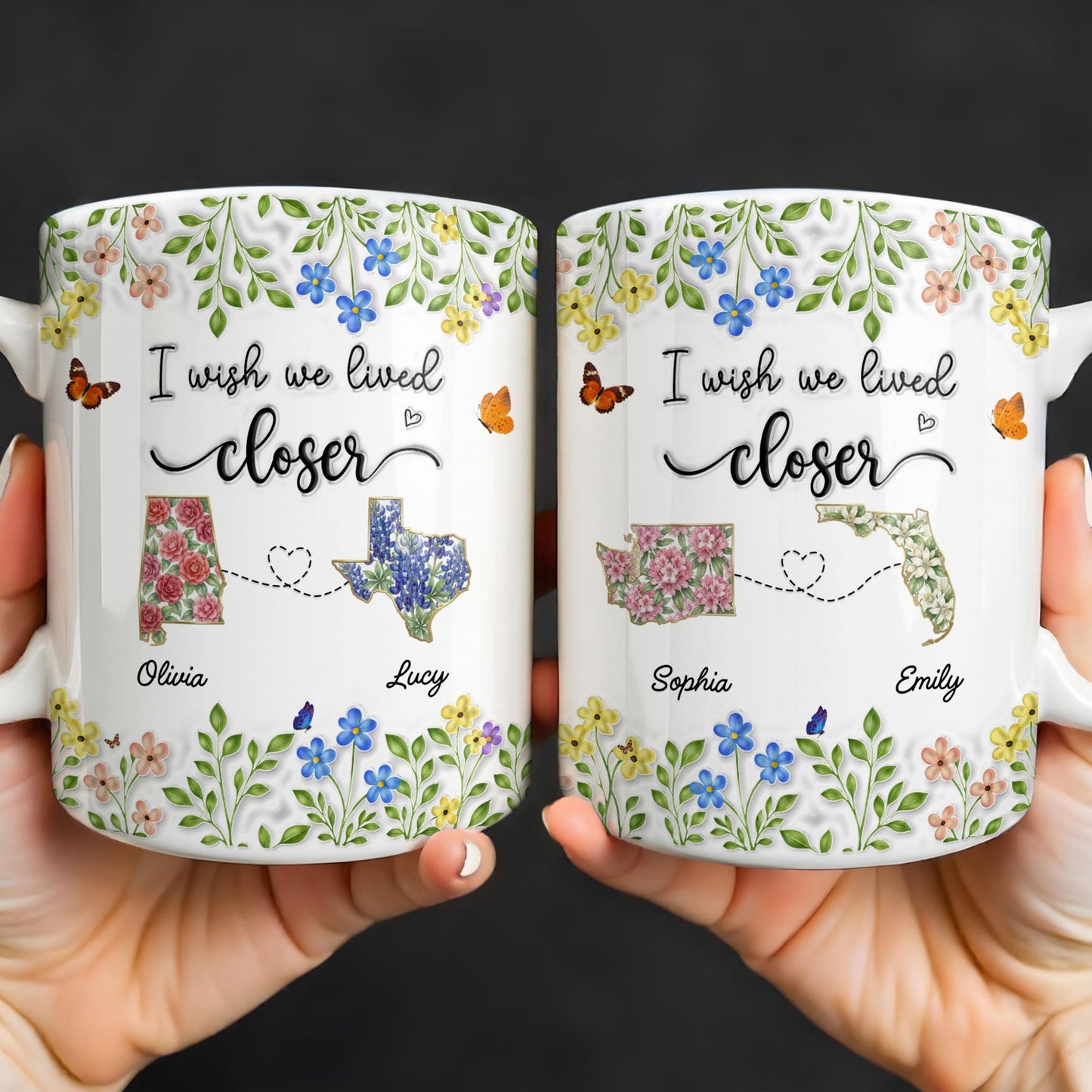 I Wish We Lived Closer Featuring Flowers and Butterfly - Personalized Custom Coffee Mug - BST539_MG