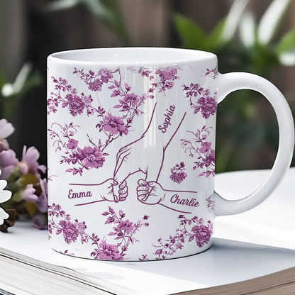 Mom & Kids Hands Holding Outline Chinoiseries Pattern Personalized Mug