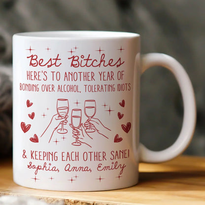 Besties White Ceramic Mug Personalized with Funny Quote, Cute Wine Glass Art, Perfect Unique Gift for Friends and Coworkers