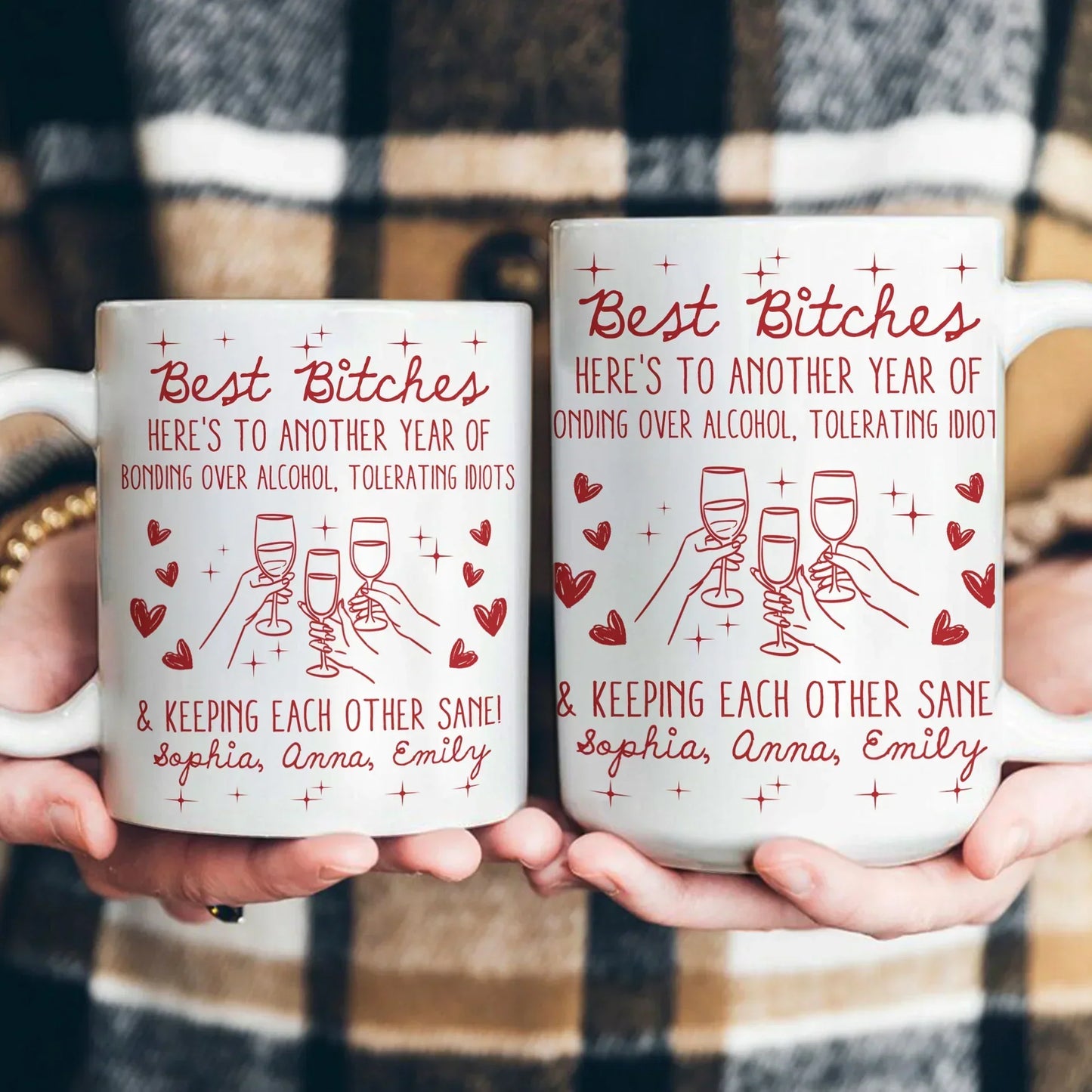 Besties White Ceramic Mug Personalized with Funny Quote, Cute Wine Glass Art, Perfect Unique Gift for Friends and Coworkers