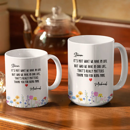 Besties Friendship Thank You For Being In Mine - Personalized White Edge-to-Edge Mug