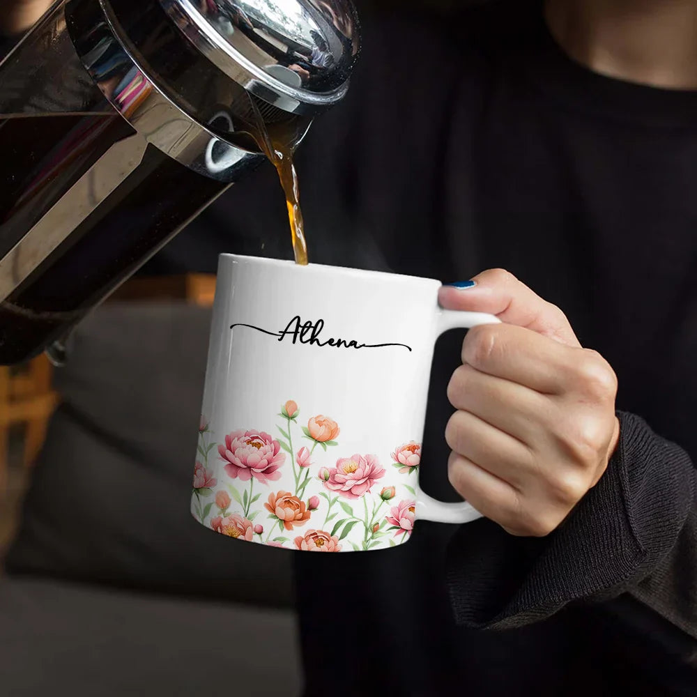 Birth Month Flower Watercolor Blooming In Love - Personalized White Edge-to-Edge Mug