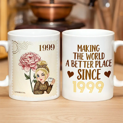 Making the World a Better Place Personalized White Ceramic Mug with Birth Year and Cartoon Girl