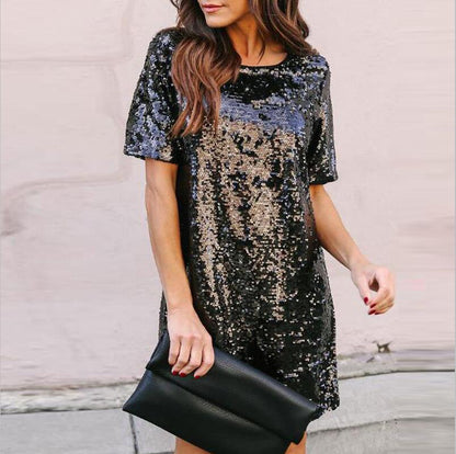 Sequin Short Sleeves Loose Dresses