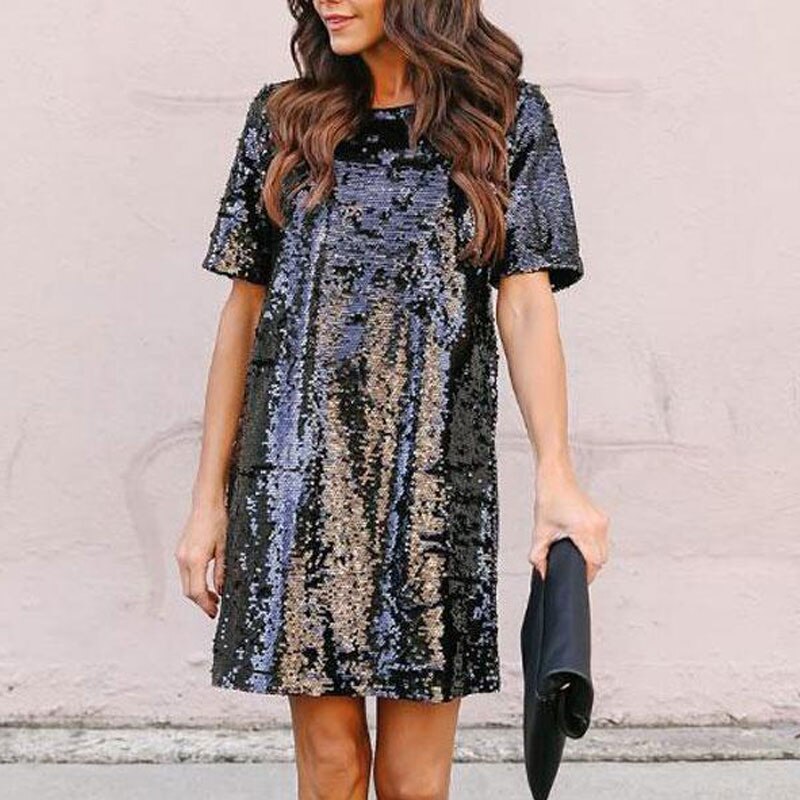 Sequin Short Sleeves Loose Dresses