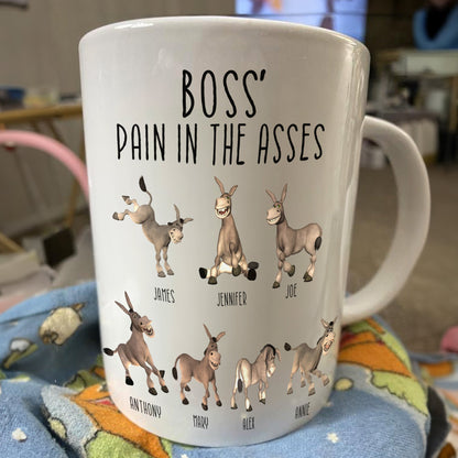 Boss' Pain in the Asses White Ceramic Mug, Personalized Office Humor Gift for Coworkers and Morning Coffee Smiles