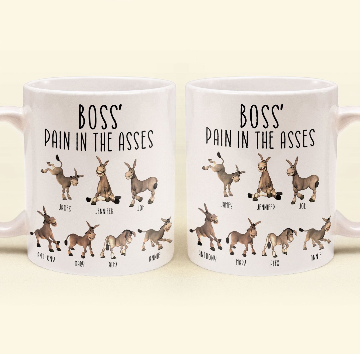 Boss' Pain in the Asses White Ceramic Mug, Personalized Office Humor Gift for Coworkers and Morning Coffee Smiles