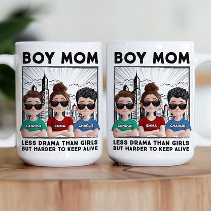 Boy Mom Mug - Less Drama Than Girls But Harder to Keep Alive - Perfect Gift for Moms of Boys, Mother's Day Gift, Personalized with Your Kids' Names, White Ceramic Mug