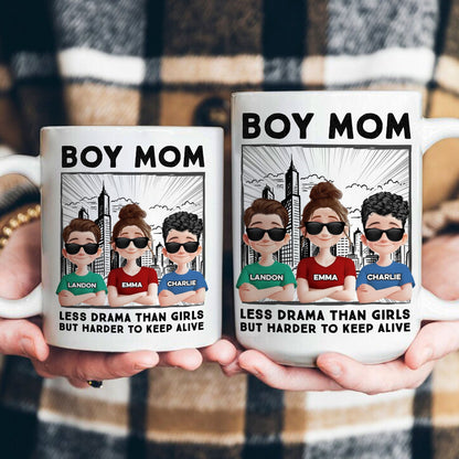Boy Mom Mug - Less Drama Than Girls But Harder to Keep Alive - Perfect Gift for Moms of Boys, Mother's Day Gift, Personalized with Your Kids' Names, White Ceramic Mug