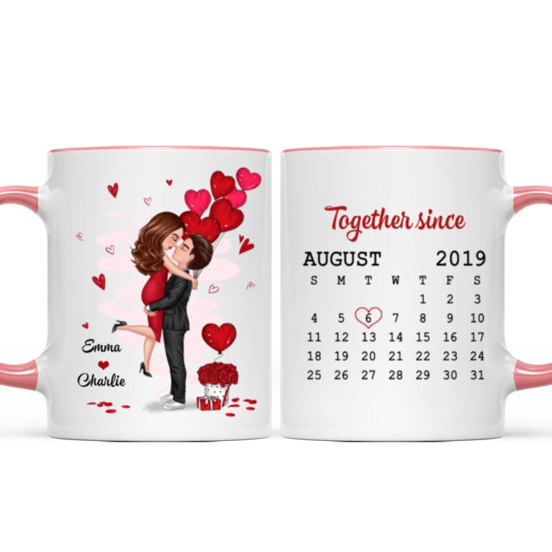 Be Mine Doll Couple Kissing Calendar Personalized Mug - Gift For Him Gift For Her