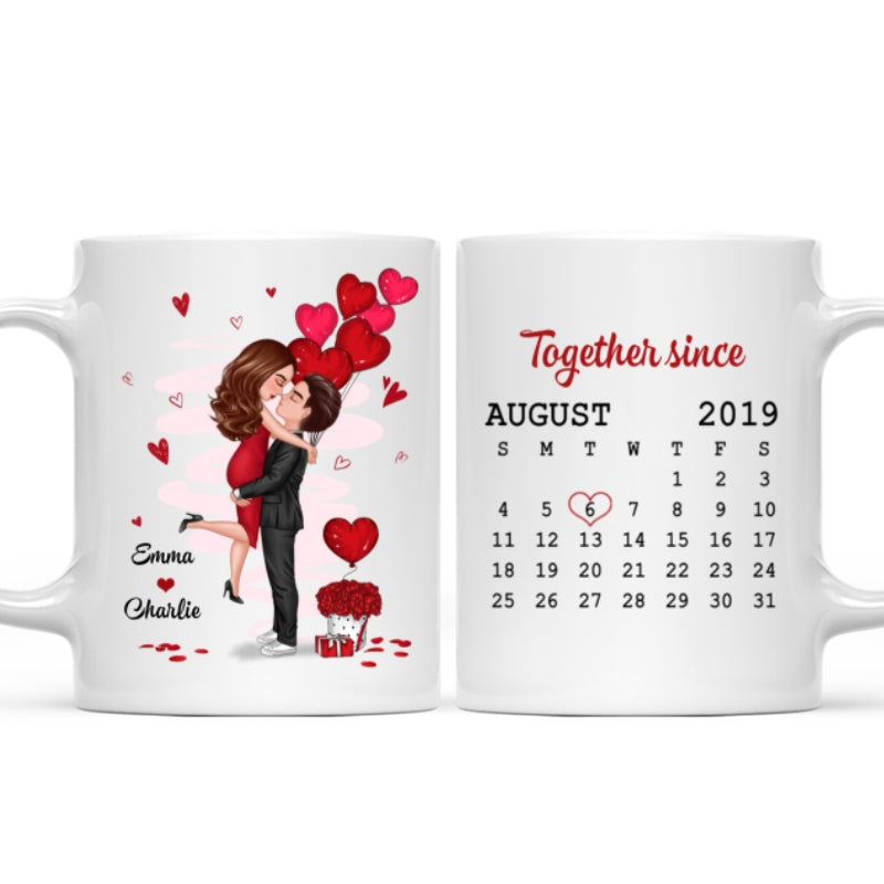 Be Mine Doll Couple Kissing Calendar Personalized Mug - Gift For Him Gift For Her