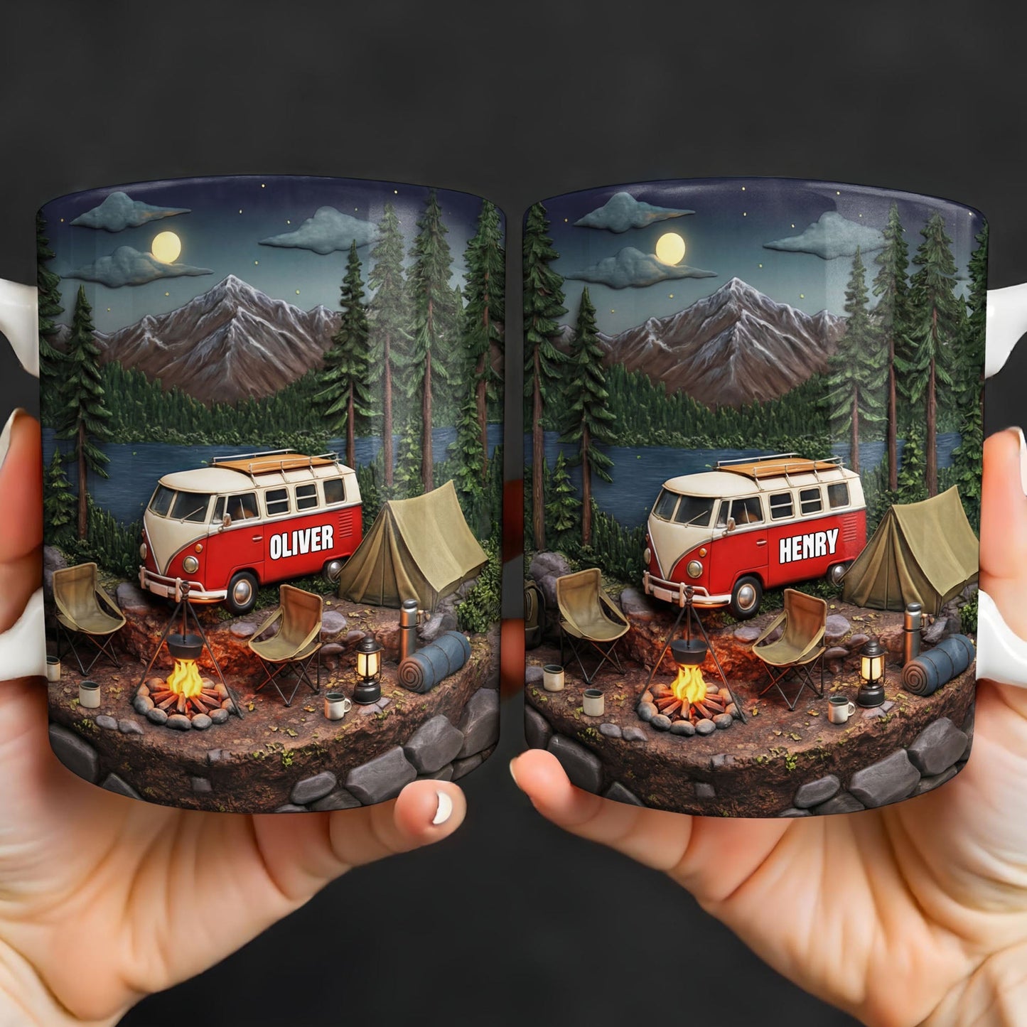 Mountain Camping Adventure Under The Stars With Van And Tent - Personalized Custom Coffee Mug - CAMP013_MG