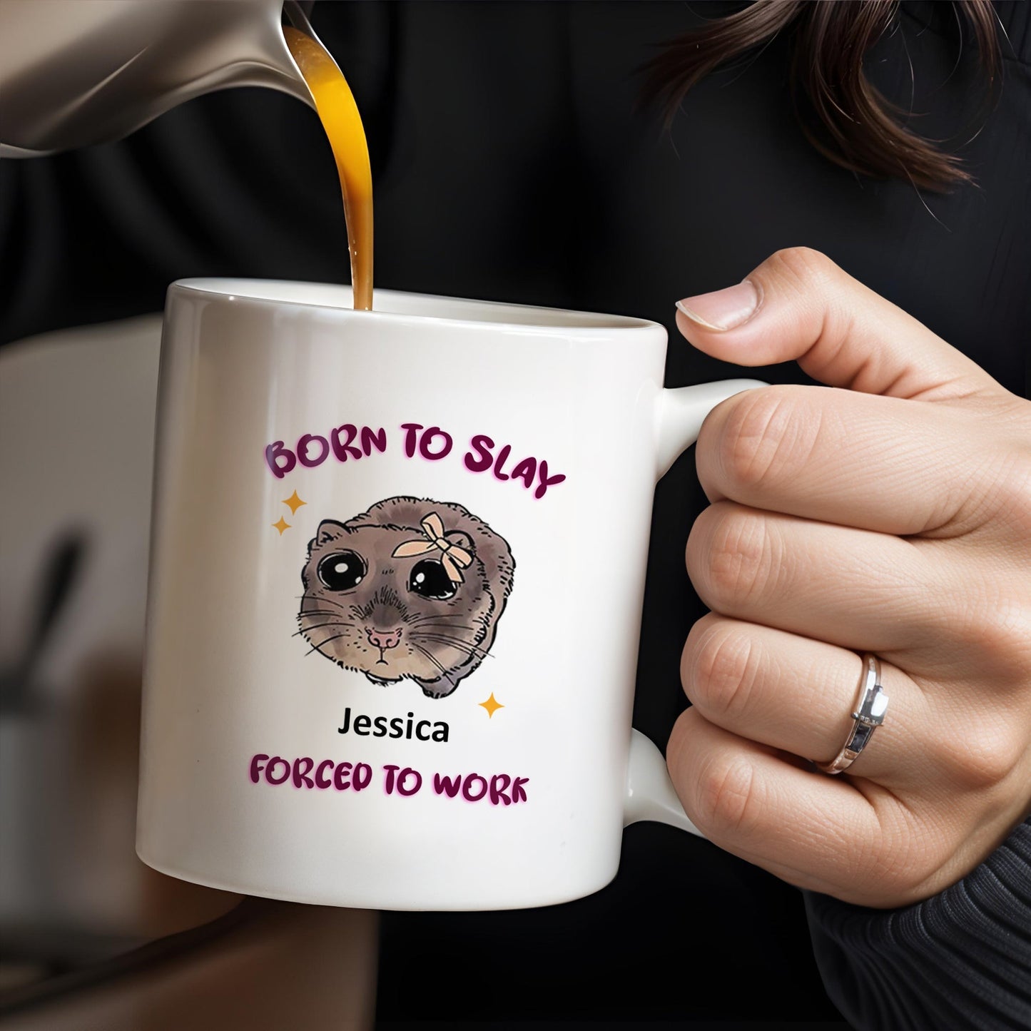Born To Slay Forced To Work With Cute Hamster Design - Personalized Custom Coffee Mug - COL058_MG