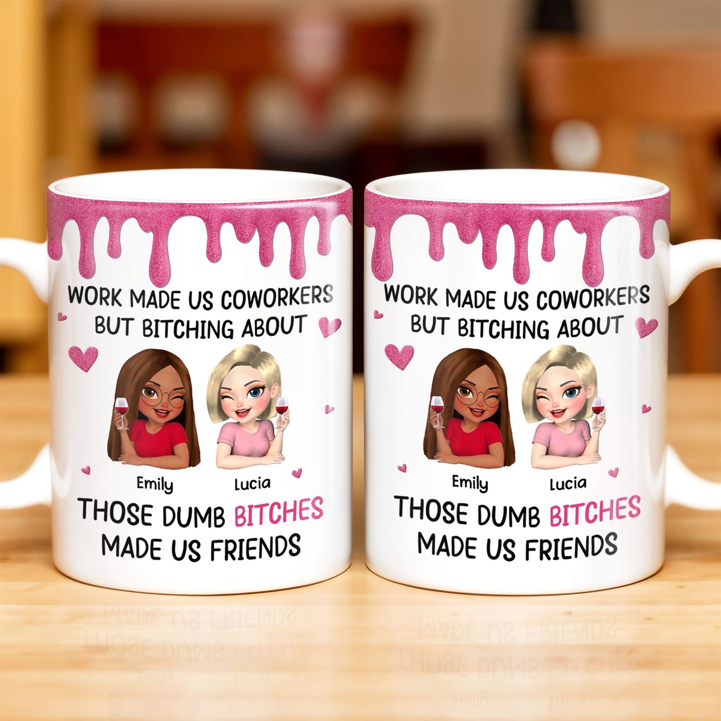 Work Made Us Coworkers, Cartoon Portraits And Wine Glass - Personalized Custom Coffee Mug - COL109_MG