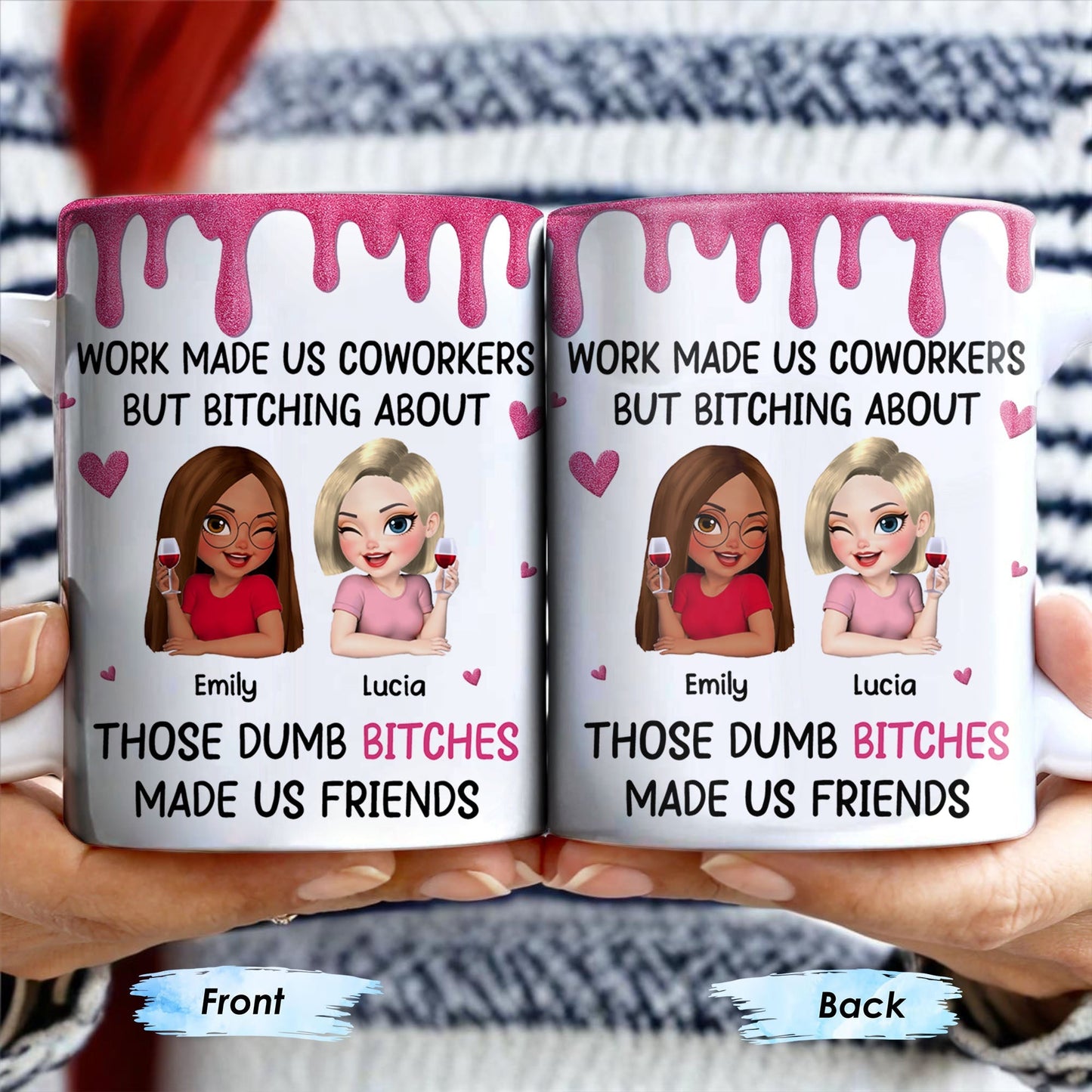 Work Made Us Coworkers, Cartoon Portraits And Wine Glass - Personalized Custom Coffee Mug - COL109_MG