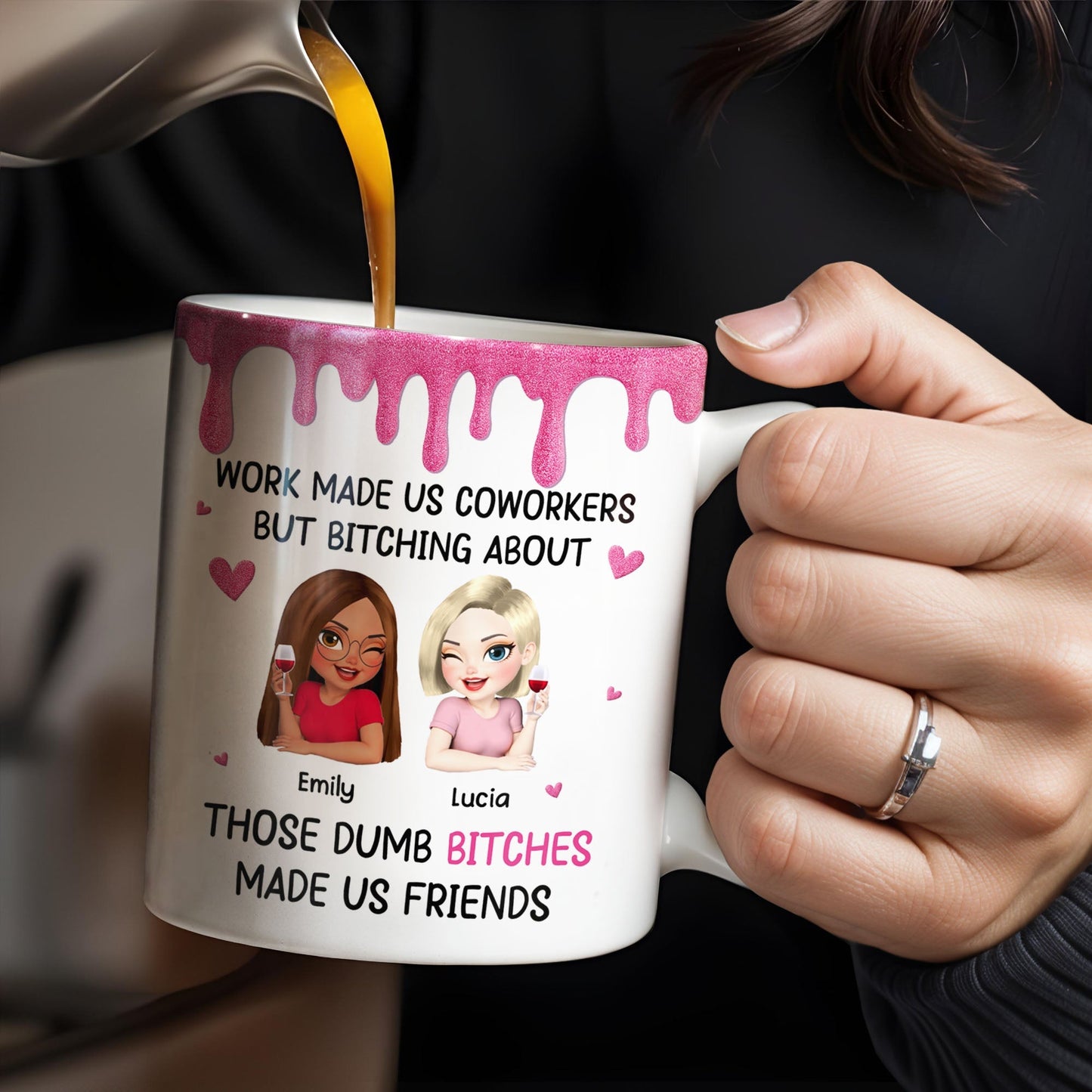 Work Made Us Coworkers, Cartoon Portraits And Wine Glass - Personalized Custom Coffee Mug - COL109_MG