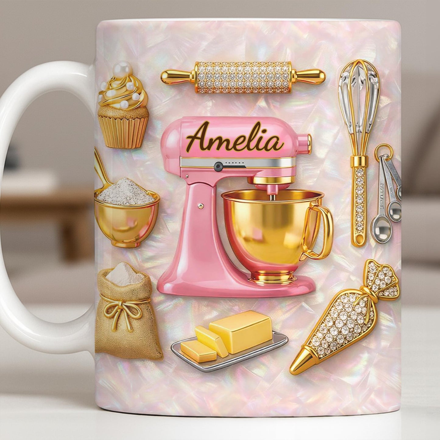 Baking With Love And Style Gold Mixer And Rolling Pin - Personalized Custom Coffee Mug - COOK037_MG