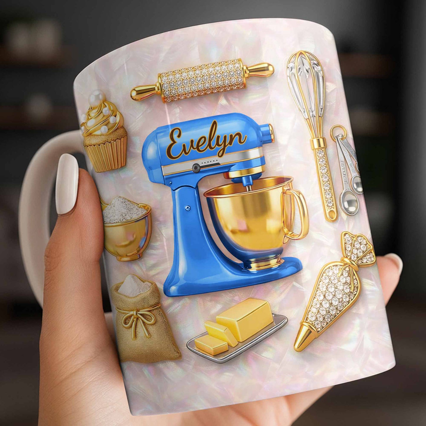 Baking With Love And Style Gold Mixer And Rolling Pin - Personalized Custom Coffee Mug - COOK037_MG