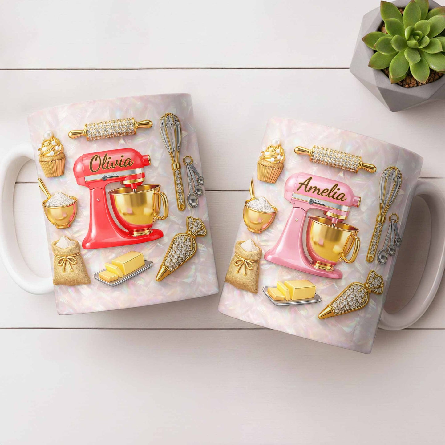 Baking With Love And Style Gold Mixer And Rolling Pin - Personalized Custom Coffee Mug - COOK037_MG